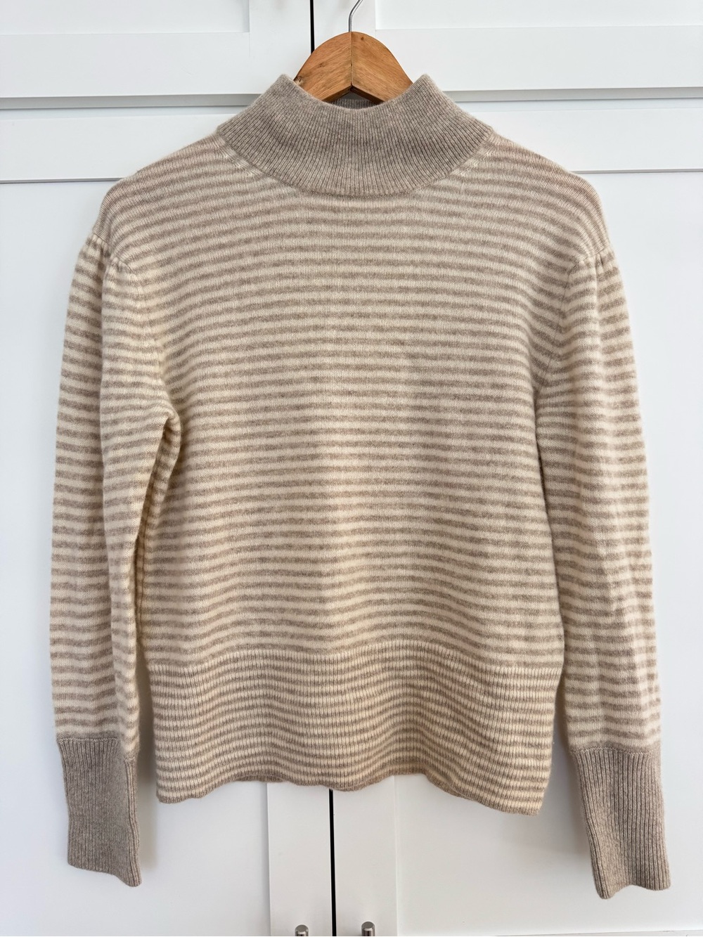 Cashmere Striped Mock Neck Sweater in Cream and Light Taupe S